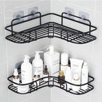 Premium Quality Bathroom Kitchen Punch Corner Frame Shower Shelf Wrought Iron Shampoo Storage Rack Holder with Suction Cup Bathroom Accessories Stevvex