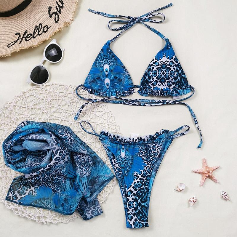 Print Swimsuit 3 Piece Mesh Bikini Set  Women's Ribbed Floral Bikini Set Tie Side Swimsuit Cover Ups Daisy Butterfly Print Three Piece Bikini Swimwear Triangle Micro Bikini String Halter Swimwear Women Low Waist Bathing Suit Stevvex