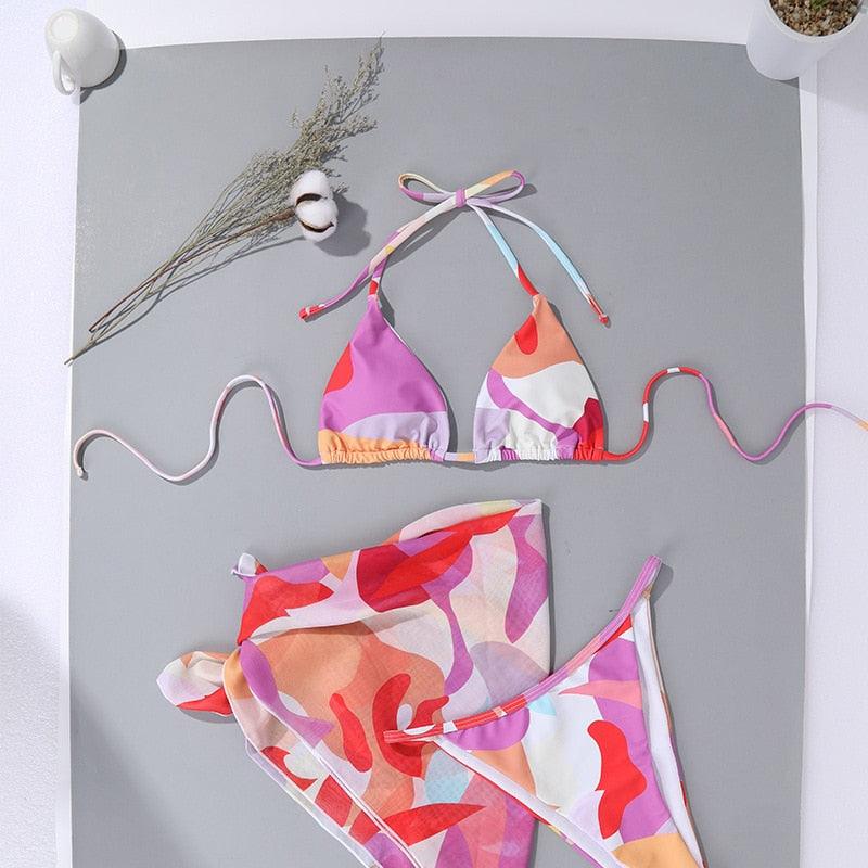 Print Swimsuit 3 Piece Mesh Bikini Set  Women's Ribbed Floral Bikini Set Tie Side Swimsuit Cover Ups Daisy Butterfly Print Three Piece Bikini Swimwear Triangle Micro Bikini String Halter Swimwear Women Low Waist Bathing Suit Stevvex