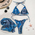 Print Swimsuit 3 Piece Mesh Bikini Set  Women's Ribbed Floral Bikini Set Tie Side Swimsuit Cover Ups Daisy Butterfly Print Three Piece Bikini Swimwear Triangle Micro Bikini String Halter Swimwear Women Low Waist Bathing Suit Stevvex