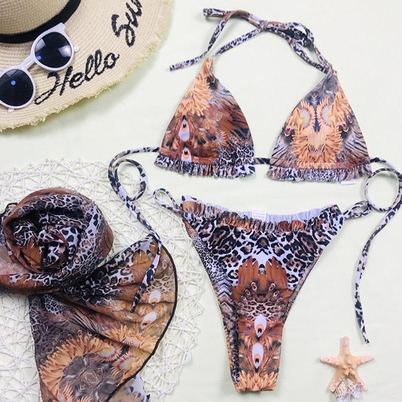Print Swimsuit 3 Piece Mesh Bikini Set  Women's Ribbed Floral Bikini Set Tie Side Swimsuit Cover Ups Daisy Butterfly Print Three Piece Bikini Swimwear Triangle Micro Bikini String Halter Swimwear Women Low Waist Bathing Suit Stevvex