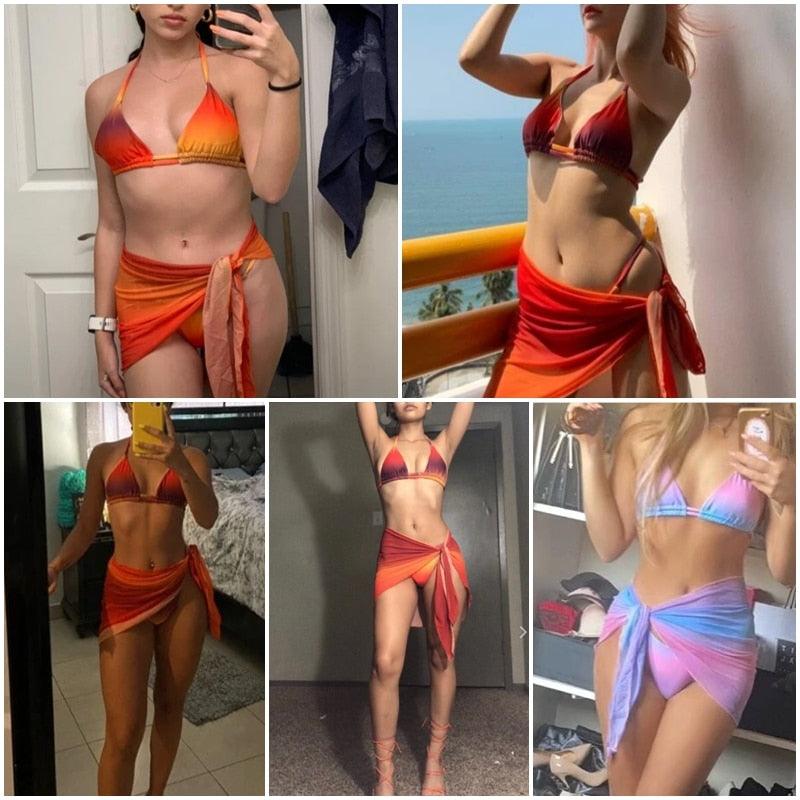 Print Swimsuit 3 Piece Mesh Bikini Set  Women's Ribbed Floral Bikini Set Tie Side Swimsuit Cover Ups Daisy Butterfly Print Three Piece Bikini Swimwear Triangle Micro Bikini String Halter Swimwear Women Low Waist Bathing Suit Stevvex