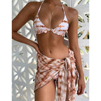 Print Swimsuit 3 Piece Mesh Bikini Set  Women's Ribbed Floral Bikini Set Tie Side Swimsuit Cover Ups Daisy Butterfly Print Three Piece Bikini Swimwear Triangle Micro Bikini String Halter Swimwear Women Low Waist Bathing Suit Stevvex