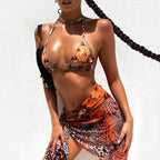 Print Swimsuit 3 Piece Mesh Bikini Set  Women's Ribbed Floral Bikini Set Tie Side Swimsuit Cover Ups Daisy Butterfly Print Three Piece Bikini Swimwear Triangle Micro Bikini String Halter Swimwear Women Low Waist Bathing Suit Stevvex
