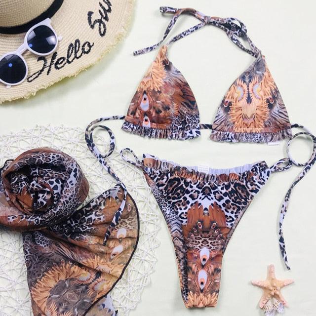 Print Swimsuit 3 Piece Mesh Bikini Set  Women's Ribbed Floral Bikini Set Tie Side Swimsuit Cover Ups Daisy Butterfly Print Three Piece Bikini Swimwear Triangle Micro Bikini String Halter Swimwear Women Low Waist Bathing Suit Stevvex
