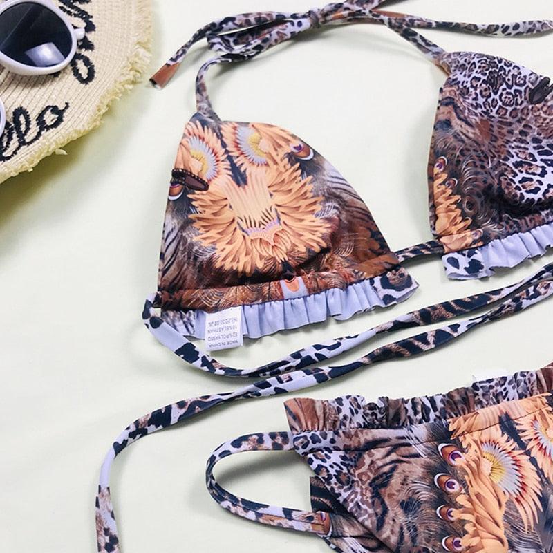 Print Swimsuit 3 Piece Mesh Bikini Set  Women's Ribbed Floral Bikini Set Tie Side Swimsuit Cover Ups Daisy Butterfly Print Three Piece Bikini Swimwear Triangle Micro Bikini String Halter Swimwear Women Low Waist Bathing Suit Stevvex