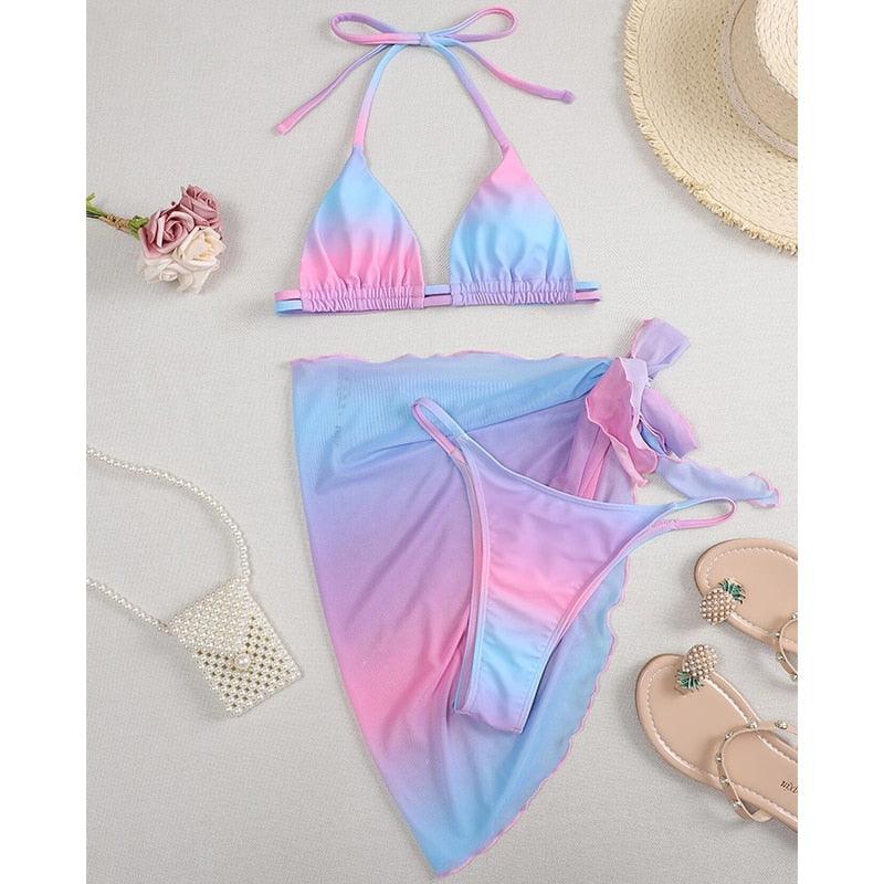 Print Swimsuit 3 Piece Mesh Bikini Set  Women's Ribbed Floral Bikini Set Tie Side Swimsuit Cover Ups Daisy Butterfly Print Three Piece Bikini Swimwear Triangle Micro Bikini String Halter Swimwear Women Low Waist Bathing Suit Stevvex