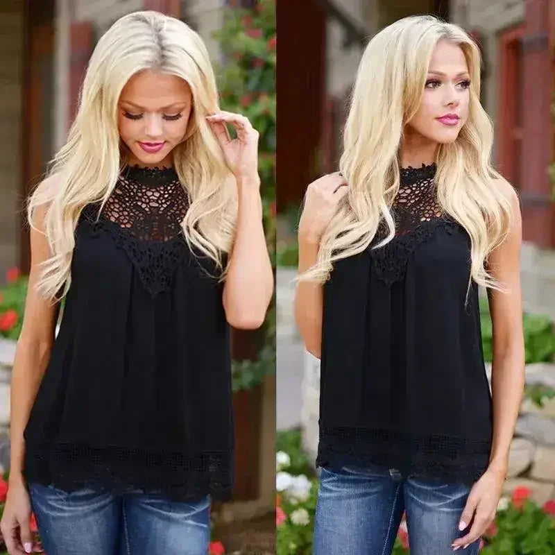 Lace Women Blouse Vintage Sleeveless White Crochet Casual Shirts Tops - SJB-DIAMOND ELITES