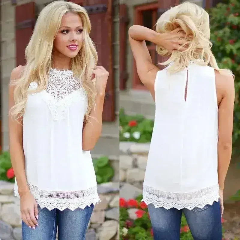 Lace Women Blouse Vintage Sleeveless White Crochet Casual Shirts Tops - SJB-DIAMOND ELITES