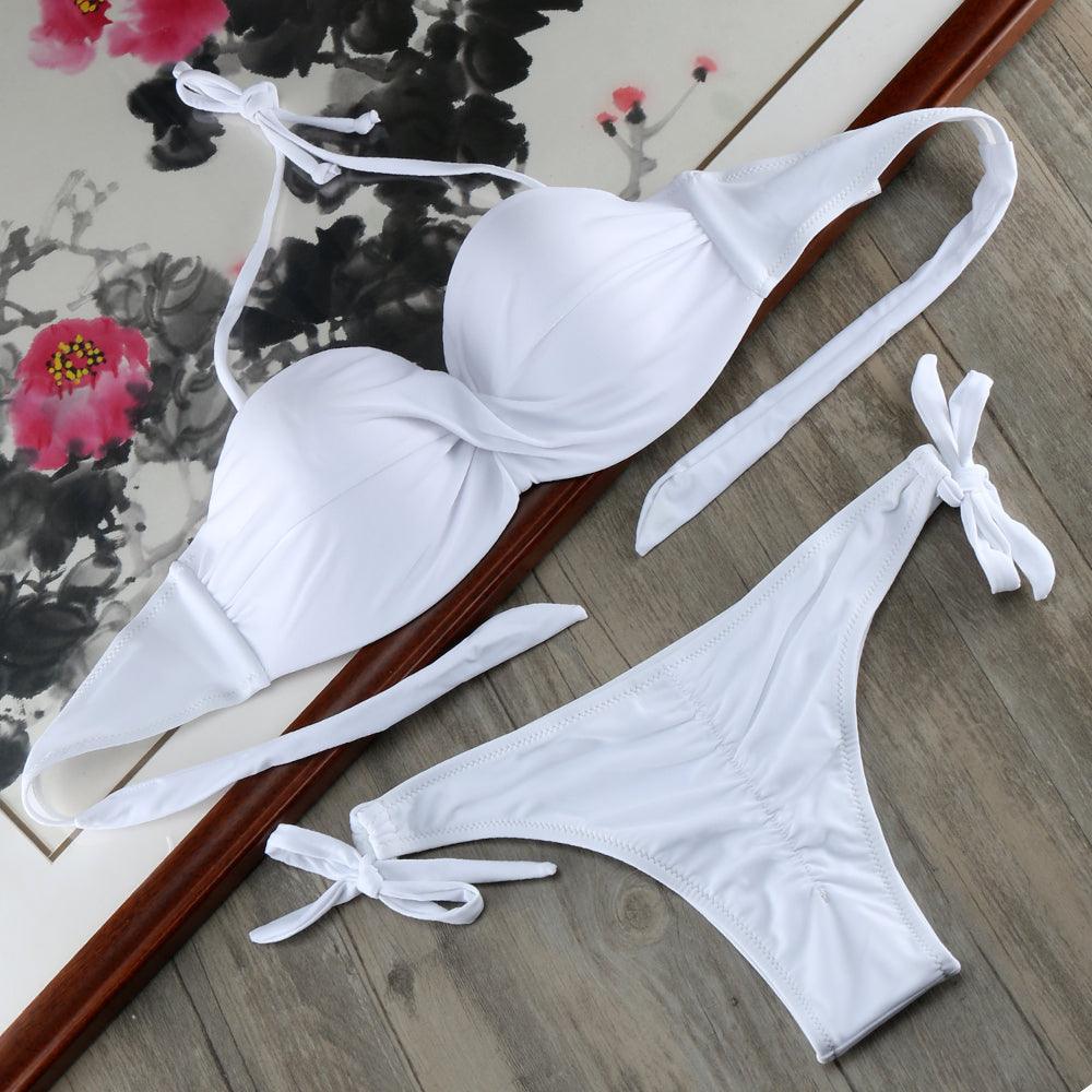 Bikini Solid Strappy Bandage Bikinis Set White Push Up Bikini Swimwear Swimsuit Bathing Suit Women's Ribbed Tie Bikini Adjustable Lace Up Bottom String Women Swimsuit Stevvex