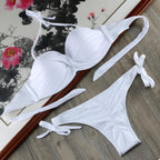 Bikini Solid Strappy Bandage Bikinis Set White Push Up Bikini Swimwear Swimsuit Bathing Suit Women's Ribbed Tie Bikini Adjustable Lace Up Bottom String Women Swimsuit Stevvex