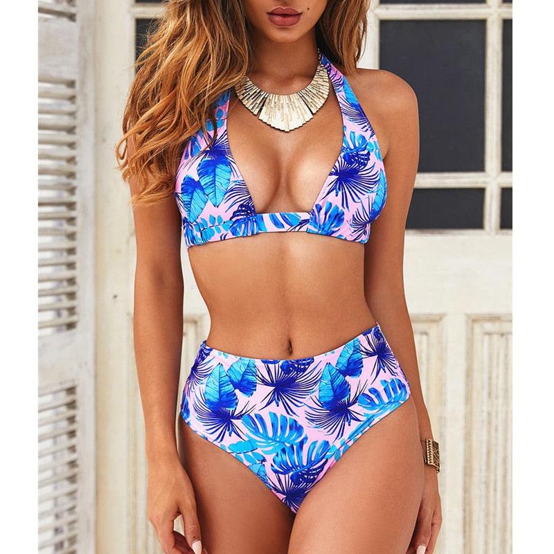 Beautiful Multicolored Women High Waist Bikini Swimwear Women Halter Push Up Bikini Set Swimsuit Women's Flower Print Bikini High Waist Beach Swimsuits Sporty Two Piece Bathing Suit Female Beach Wear Bathing Suit Stevvex