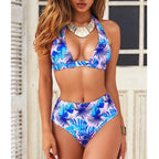 Beautiful Multicolored Women High Waist Bikini Swimwear Women Halter Push Up Bikini Set Swimsuit Women's Flower Print Bikini High Waist Beach Swimsuits Sporty Two Piece Bathing Suit Female Beach Wear Bathing Suit Stevvex