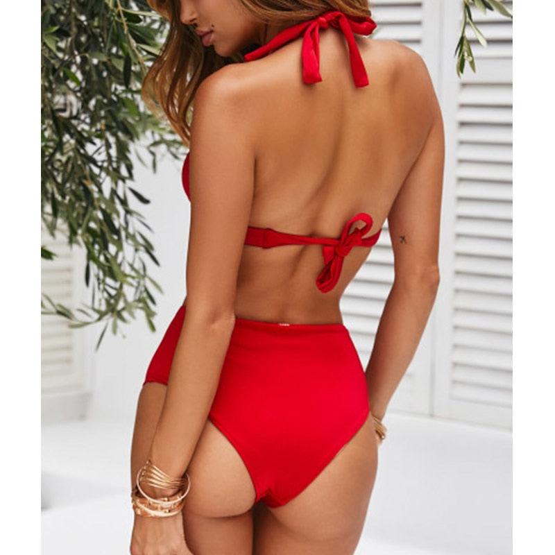 Beautiful Multicolored Women High Waist Bikini Swimwear Women Halter Push Up Bikini Set Swimsuit Women's Flower Print Bikini High Waist Beach Swimsuits Sporty Two Piece Bathing Suit Female Beach Wear Bathing Suit Stevvex