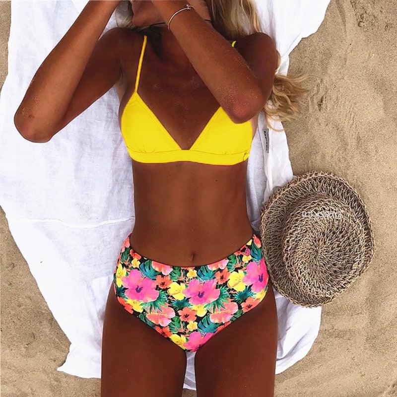 Beautiful Multicolored Women High Waist Bikini Swimwear Women Halter Push Up Bikini Set Swimsuit Women's Flower Print Bikini High Waist Beach Swimsuits Sporty Two Piece Bathing Suit Female Beach Wear Bathing Suit Stevvex