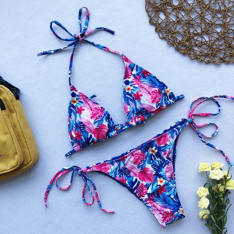 Beautiful Multicolored Women High Waist Bikini Swimwear Women Halter Push Up Bikini Set Swimsuit Women's Flower Print Bikini High Waist Beach Swimsuits Sporty Two Piece Bathing Suit Female Beach Wear Bathing Suit Stevvex