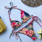 Beautiful Multicolored Women High Waist Bikini Swimwear Women Halter Push Up Bikini Set Swimsuit Women's Flower Print Bikini High Waist Beach Swimsuits Sporty Two Piece Bathing Suit Female Beach Wear Bathing Suit Stevvex