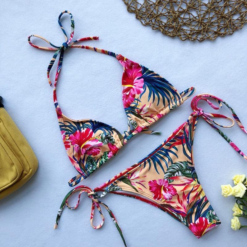 Beautiful Multicolored Women High Waist Bikini Swimwear Women Halter Push Up Bikini Set Swimsuit Women's Flower Print Bikini High Waist Beach Swimsuits Sporty Two Piece Bathing Suit Female Beach Wear Bathing Suit Stevvex