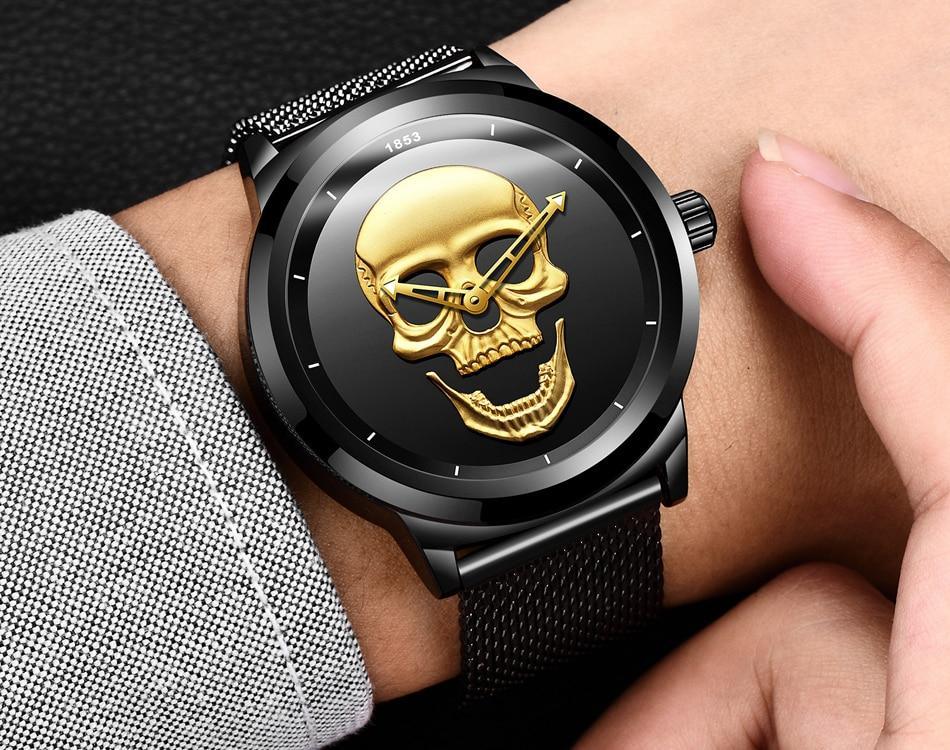 Men's Waterproof Stainless Steel Watch  3D Skull And Fluorescent Hands Unique Design Perfect Gift Stevvex