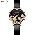 Womens Elegant Waterproof Clock With Decoupage Flower Details In Variant With Leather And Stainless Steel Knitted Belts