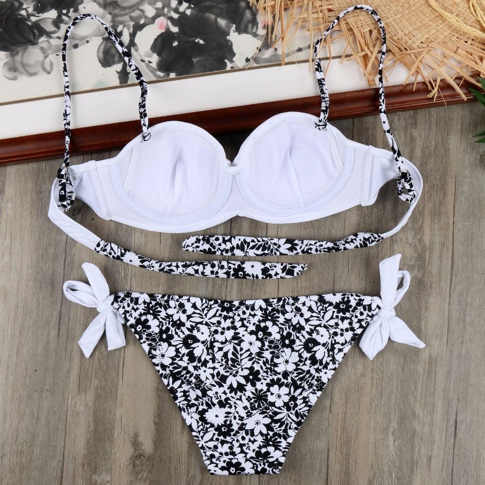 Bikini Solid Strappy Bandage Bikinis Set White Push Up Bikini Swimwear Swimsuit Bathing Suit Women's Ribbed Tie Bikini Adjustable Lace Up Bottom String Women Swimsuit Stevvex