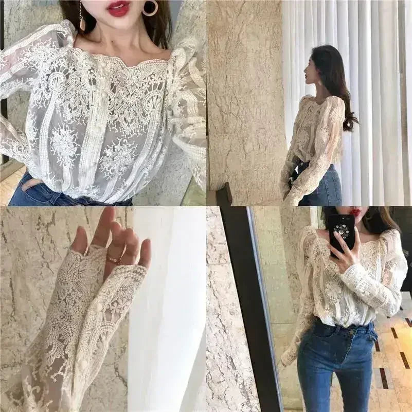 Mesh Pearls Shirts Strapless Lace Long Sleeve Gauze Stitching Blouse - SJB-DIAMOND ELITES