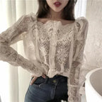 Mesh Pearls Shirts Strapless Lace Long Sleeve Gauze Stitching Blouse - SJB-DIAMOND ELITES