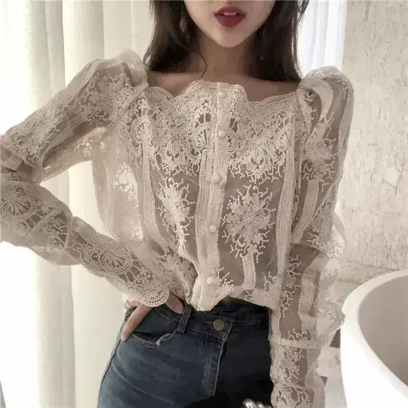 Mesh Pearls Shirts Strapless Lace Long Sleeve Gauze Stitching Blouse - SJB-DIAMOND ELITES