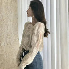 Mesh Pearls Shirts Strapless Lace Long Sleeve Gauze Stitching Blouse - SJB-DIAMOND ELITES