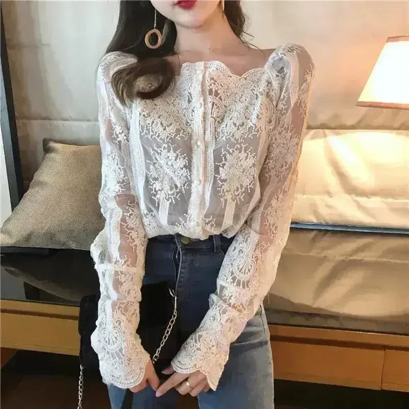 Mesh Pearls Shirts Strapless Lace Long Sleeve Gauze Stitching Blouse - SJB-DIAMOND ELITES