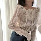 Mesh Pearls Shirts Strapless Lace Long Sleeve Gauze Stitching Blouse - SJB-DIAMOND ELITES