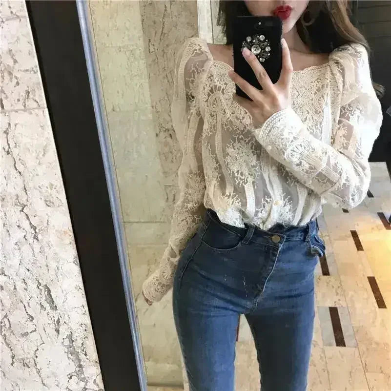 Mesh Pearls Shirts Strapless Lace Long Sleeve Gauze Stitching Blouse - SJB-DIAMOND ELITES