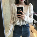Mesh Pearls Shirts Strapless Lace Long Sleeve Gauze Stitching Blouse - SJB-DIAMOND ELITES