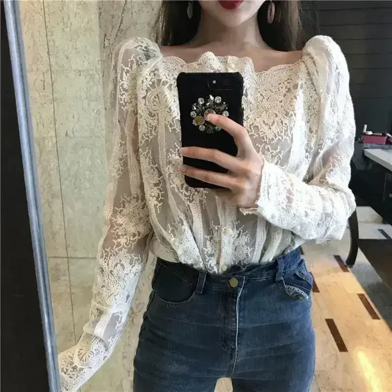 Mesh Pearls Shirts Strapless Lace Long Sleeve Gauze Stitching Blouse - SJB-DIAMOND ELITES