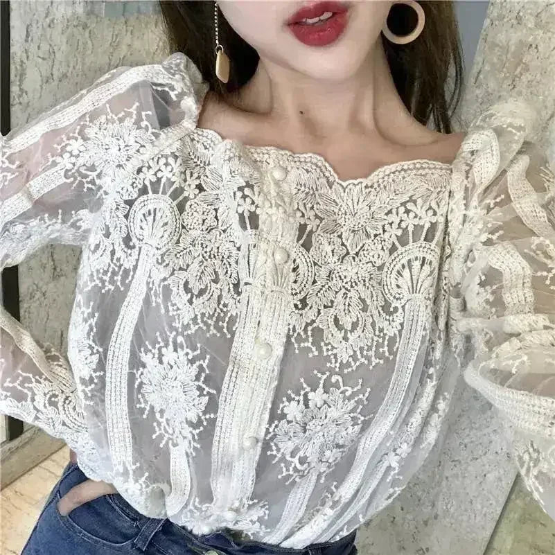 Mesh Pearls Shirts Strapless Lace Long Sleeve Gauze Stitching Blouse - SJB-DIAMOND ELITES