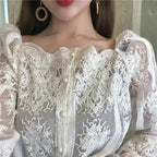 Mesh Pearls Shirts Strapless Lace Long Sleeve Gauze Stitching Blouse - SJB-DIAMOND ELITES