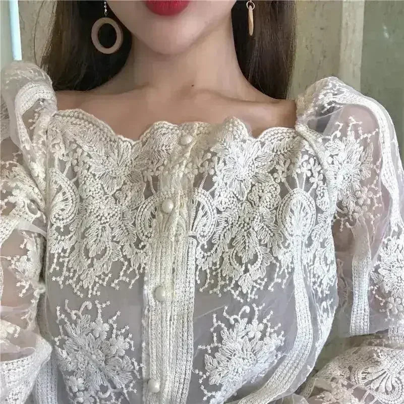Mesh Pearls Shirts Strapless Lace Long Sleeve Gauze Stitching Blouse - SJB-DIAMOND ELITES