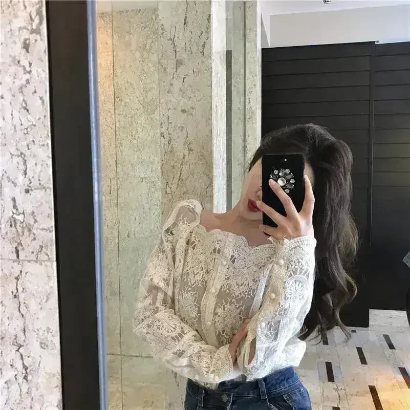 Mesh Pearls Shirts Strapless Lace Long Sleeve Gauze Stitching Blouse - SJB-DIAMOND ELITES