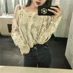 Mesh Pearls Shirts Strapless Lace Long Sleeve Gauze Stitching Blouse - SJB-DIAMOND ELITES