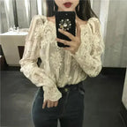 Mesh Pearls Shirts Strapless Lace Long Sleeve Gauze Stitching Blouse - SJB-DIAMOND ELITES