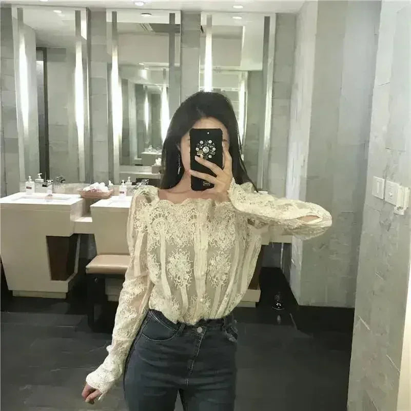 Mesh Pearls Shirts Strapless Lace Long Sleeve Gauze Stitching Blouse - SJB-DIAMOND ELITES