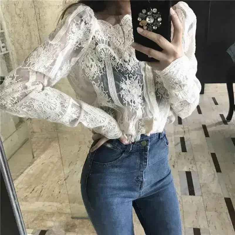 Mesh Pearls Shirts Strapless Lace Long Sleeve Gauze Stitching Blouse - SJB-DIAMOND ELITES