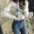 Mesh Pearls Shirts Strapless Lace Long Sleeve Gauze Stitching Blouse - SJB-DIAMOND ELITES