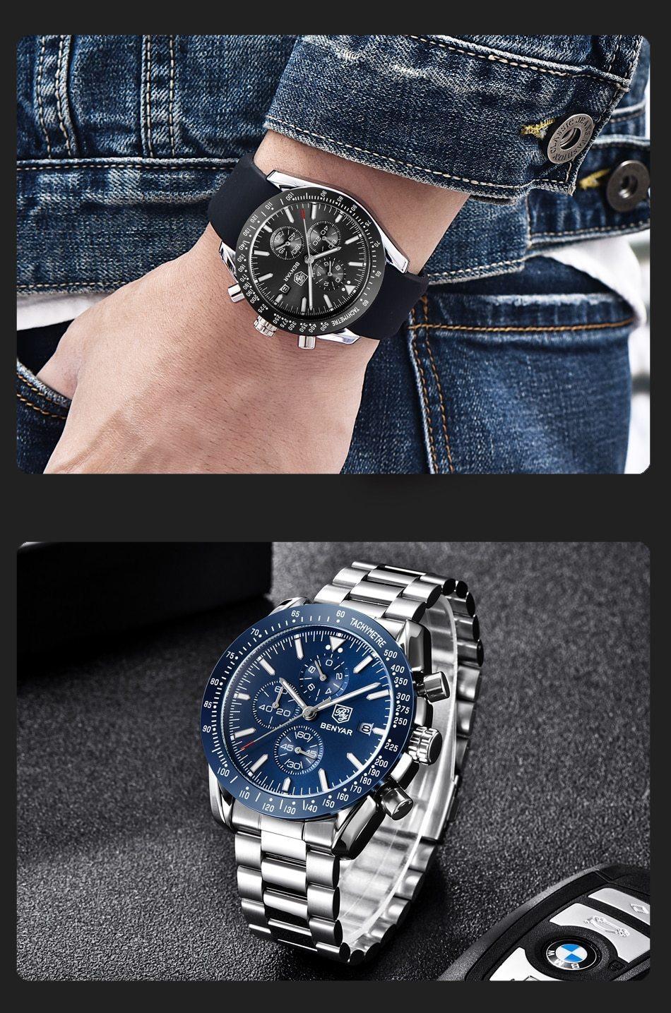 Luxury Men Stainless Steel Quartz Watch Accurate Timing Waterproof Analog Chronograph Men's Quartz Watches Stevvex