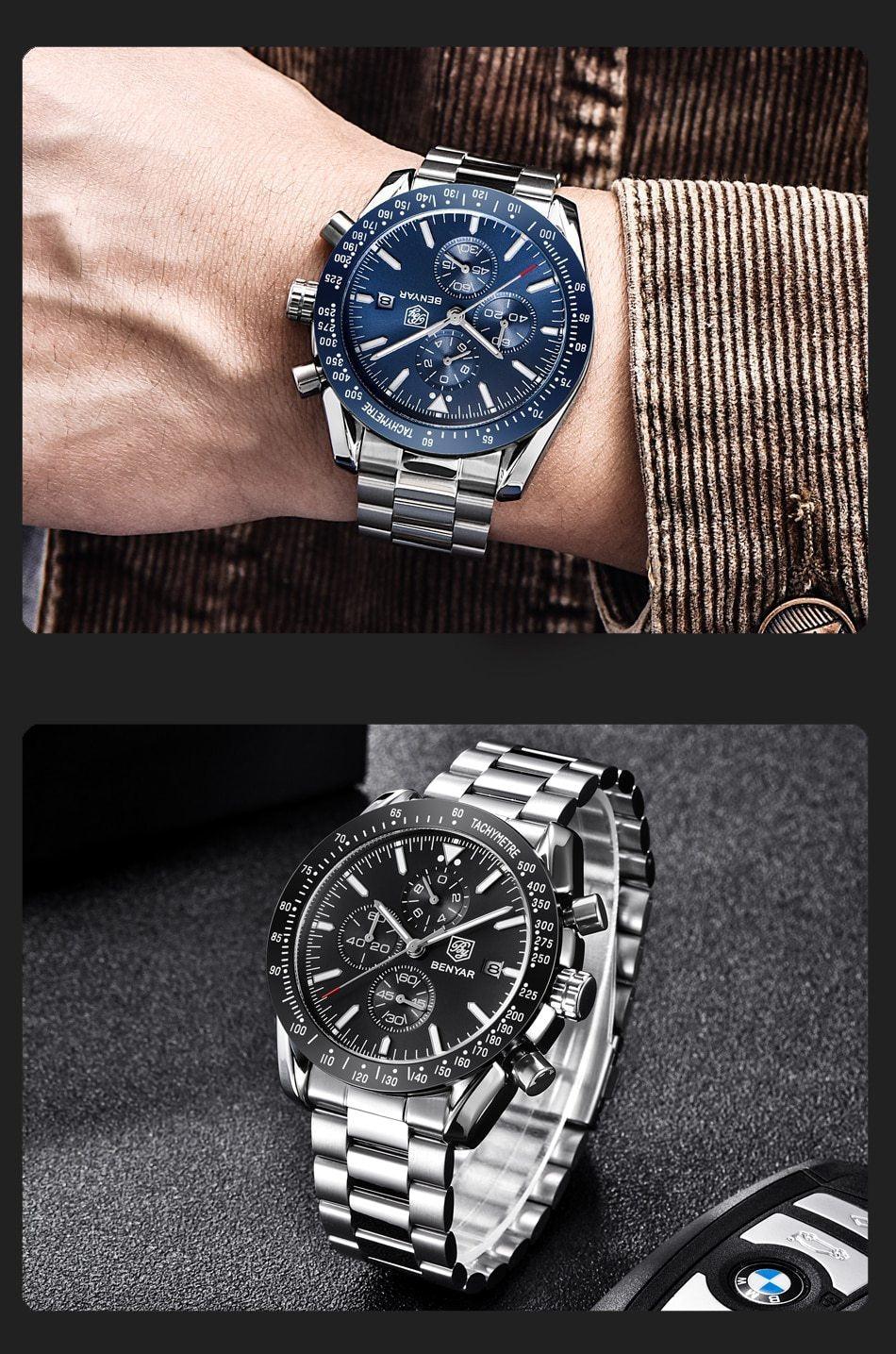 Luxury Men Stainless Steel Quartz Watch Accurate Timing Waterproof Analog Chronograph Men's Quartz Watches Stevvex