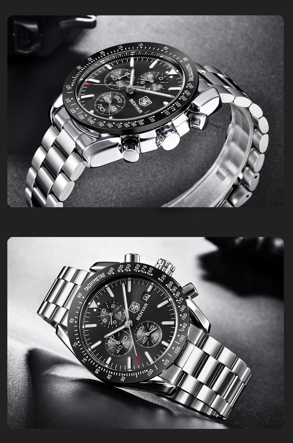 Luxury Men Stainless Steel Quartz Watch Accurate Timing Waterproof Analog Chronograph Men's Quartz Watches Stevvex