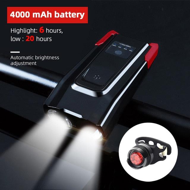 4000mAh Bicycle Front Light Set USB Rechargeable Smart Headlight With Horn 800 Lumen LED Bicycle Light Set USB Rechargeable Super Bright  Bike Headlight Stevvex
