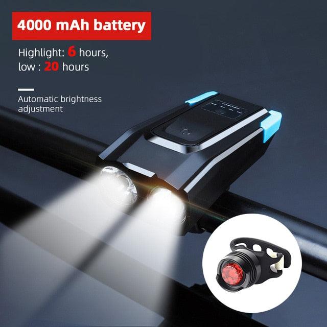 4000mAh Bicycle Front Light Set USB Rechargeable Smart Headlight With Horn 800 Lumen LED Bicycle Light Set USB Rechargeable Super Bright  Bike Headlight Stevvex