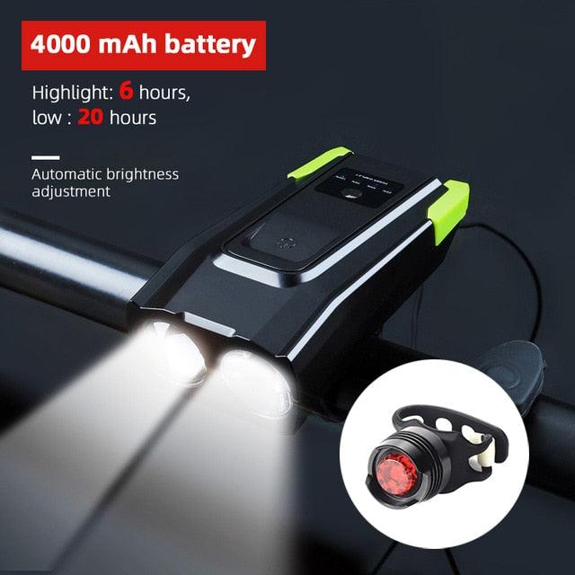 4000mAh Bicycle Front Light Set USB Rechargeable Smart Headlight With Horn 800 Lumen LED Bicycle Light Set USB Rechargeable Super Bright  Bike Headlight Stevvex