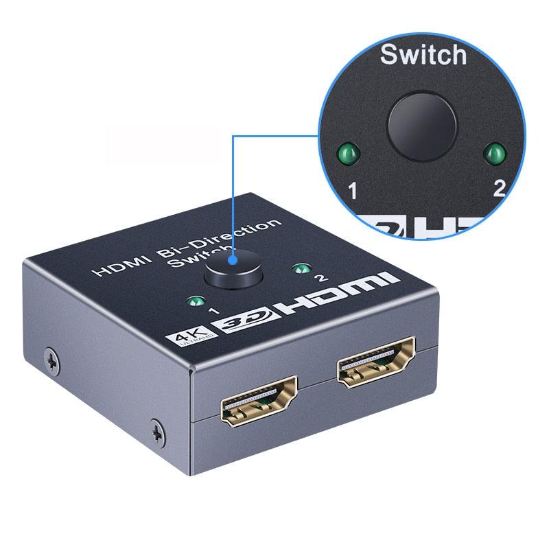 4K HDMI Switch Splitter 2 Ports Bi-Directional HDMI Switch 2 Port Display Selector Switcher Splitter Supports Ultra HD 4K 1080P 3D HDR For HDTV Gaming Stevvex